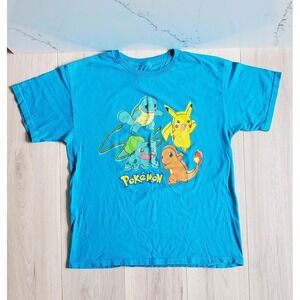 Pokemon Shirt  Unisex L Blue Short Sleeve Pikachu Charmander Squirtle Bulbasaur